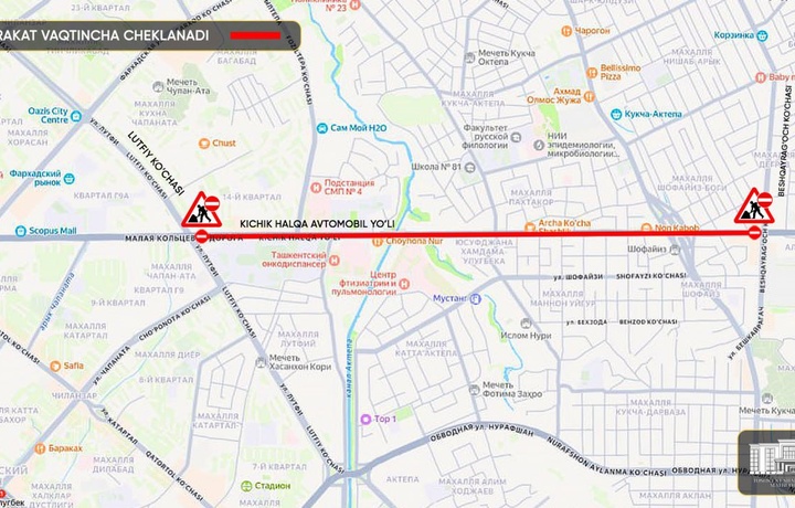 Uchtepadagi «kichik halqa yo‘li»ning bir qismida harakat vaqtincha cheklanadi