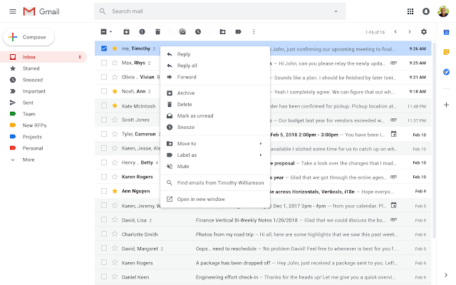 Веб-версия Gmail получила расширенное контекстное меню по правой кнопке мыши