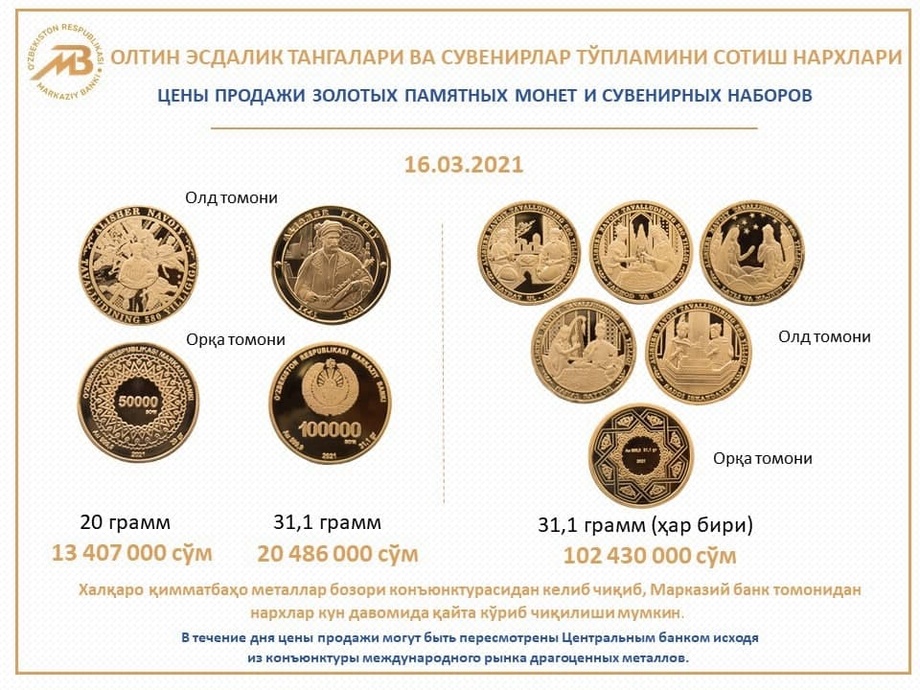 Markaziy bank oltin tangalarning yangi turkumini sotuvga chiqardi