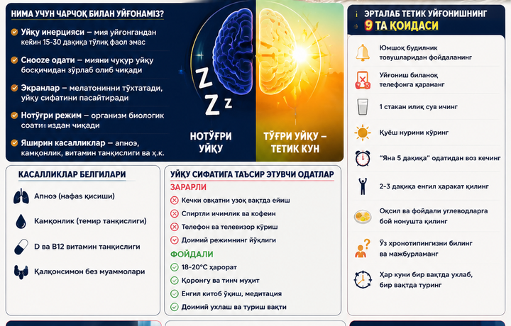 8 соат ухласангиз ҳам чарчоқ билан уйғоняпсизми? Тетик уйғониш учун кофе шарт эмас!