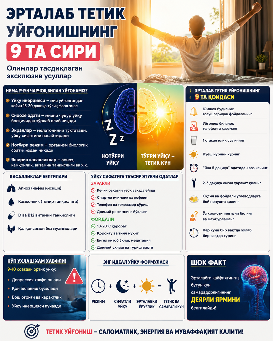 8 соат ухласангиз ҳам чарчоқ билан уйғоняпсизми? Тетик уйғониш учун кофе шарт эмас!