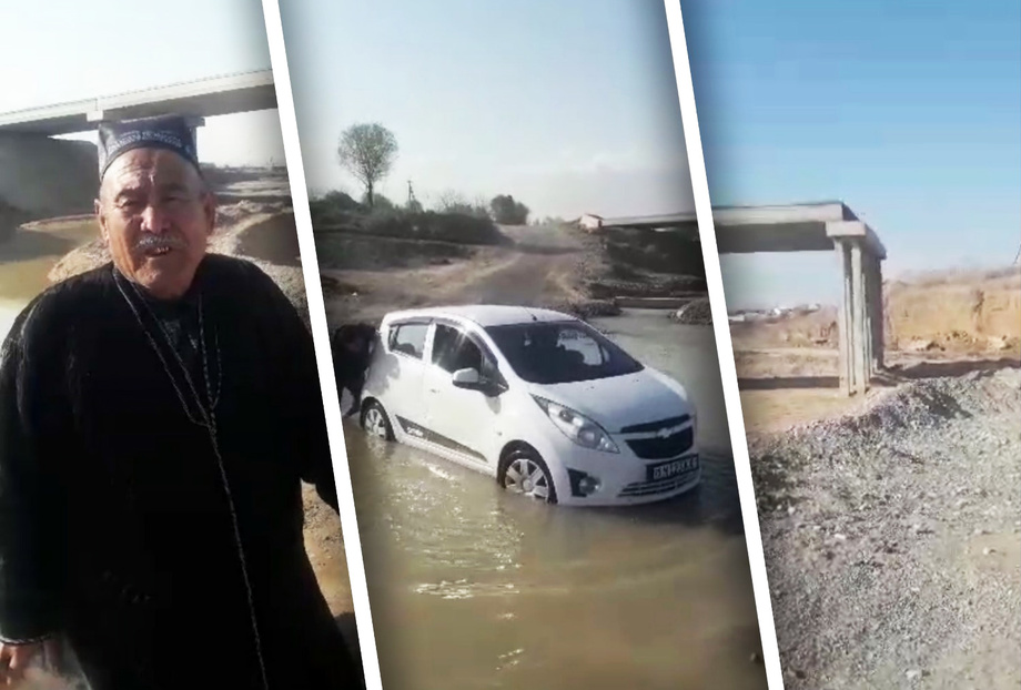 «Suv kechib o‘tishga majbur» — Sherobodda ko‘prik bitmasdan qolib ketdi (video)
