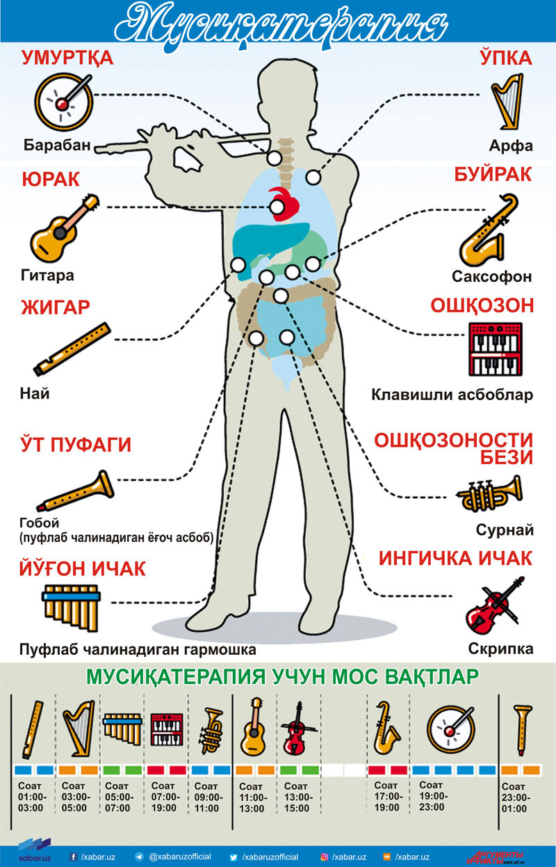 Мусиқатерапия бор нарсами? Қайси мусиқа асбоблари инсонларнинг қайси аъзоларига ижобий таъсир кўрсатади? Инфографика